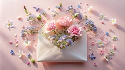 Delicate pink roses and wildflowers nestled in a pristine white envelope on a soft pink background