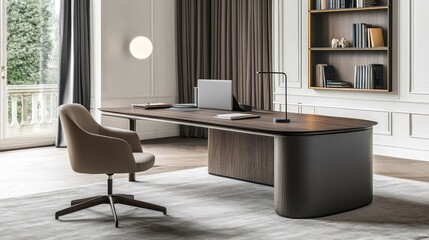 Fototapeta premium Minimalist office corner with a wooden desk, comfortable chair, and decorative bookshelf against a clean, bright backdrop. Spacious and inviting.