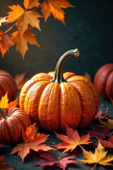 Naklejka premium Ornate pumpkins nestled amongst vibrant fall leaves , autumnal, stock photo, seasonal