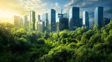 A photo of a lush green forest contrasted with a futuristic city using renewable energy, reflecting the transformation from high carbon emissions to a balanced, net-zero environment. 