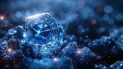 Glowing blue crystal on dark rock, bokeh background.  Science, tech, luxury concept