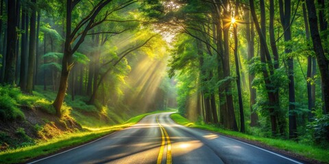 Sunlit Road Winding Through Lush Green Forest Canopy