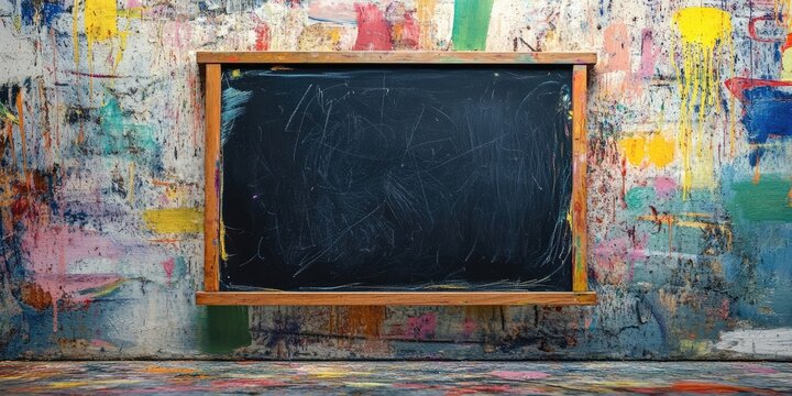 Chalkboard with wooden frame centered against an abstract painted wall with vibrant splashes of color including green red and yellow tones.