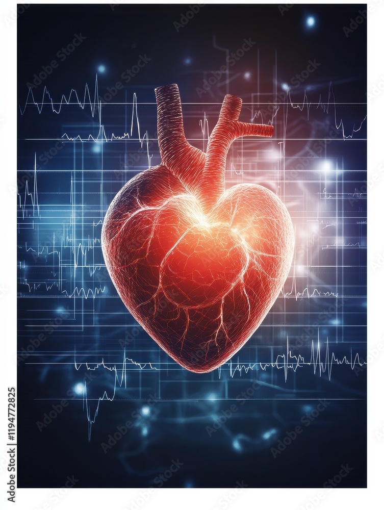 Poster glowing red heart with dynamic cardiogram pulse illustrating human health and vitality in a futurist