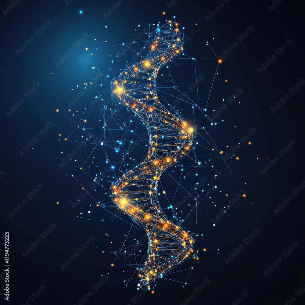Leinwandbilder glowing dna double helix connected by molecular links in a dark background with bright highlights. g