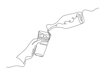 A continuous one line vector illustration of a hand holding a glass being filled with a liquid from a tilted bottle, symbolizing simplicity, social gatherings, and a relaxed lifestyle. Editable stroke