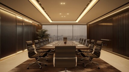 Minimal business environment with a long meeting table, leather chairs, and a clean modern decor with copy space for overlay.