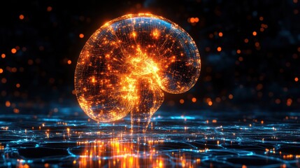 Fototapeta premium Glowing digital brain representation with vibrant lights and particles in a futuristic setting