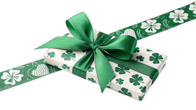 Gift box wrapped in white paper with a green satin bow and a glittery shamrock decoration, isolated on a transparent background, ideal for St. Patricks Day celebrations and gift promotions.
