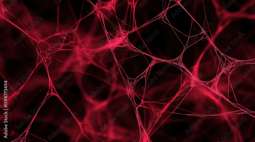 Poster a vibrant, abstract design featuring intricate red lines against a dark background, resembling a web