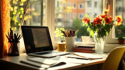 Fototapeta premium Warm and Inviting Workspace at Home With Sunlight Filtering Through a Window and a Vase of Flowers