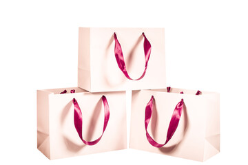 Recyclable craft paper bag for purchases, gifts and takeaway food mock up on white background. Environmentally friendly than single-use plastic bags