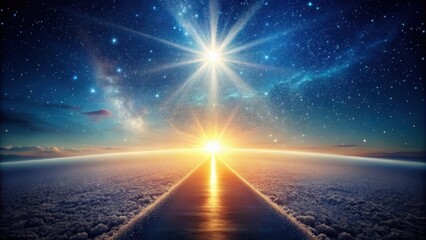 Celestial Pathway A Serene Journey Through Clouds Towards a Radiant Sunrise and Starry Night Sky