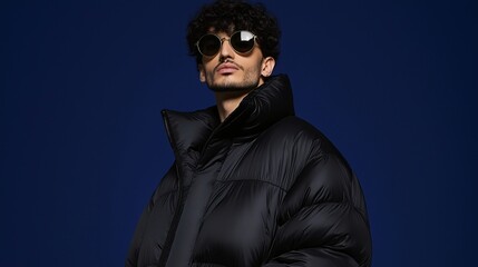  A high-fashion man with dark curly hair, sunglasses and black puffer jacket 