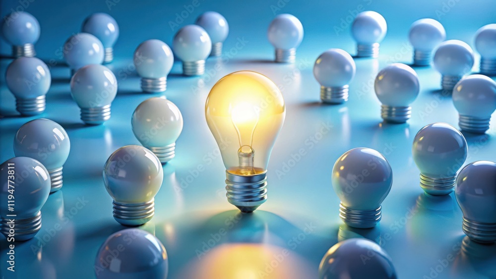 Poster illuminating ideas a single bright lightbulb among many unlit bulbs representing innovation and stan