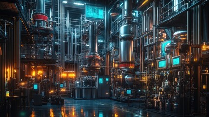 Industrial factory scene with machinery featuring colorful lighting and sharp details on mechanical parts.