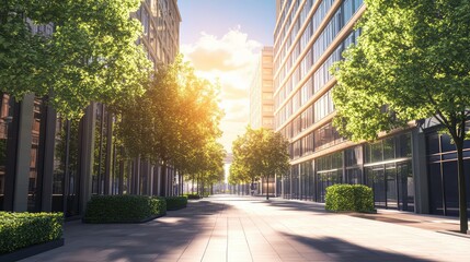 Obraz premium Modern business district with tall office buildings, clean paths, and vibrant greenery under a bright, cloudless sky.