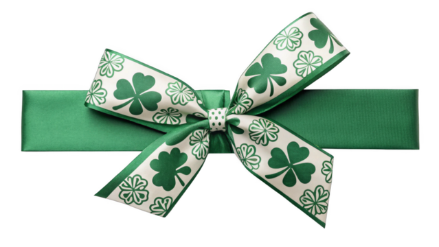 A green and white shamrock-patterned bow on a matching green ribbon, suitable for St. Patricks Day celebrations, gift wrapping, or Irish-themed decor.