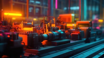 Fototapeta premium Industrial machinery illuminated with colorful lighting, showing intricate details on the factory floor with a blurred background.