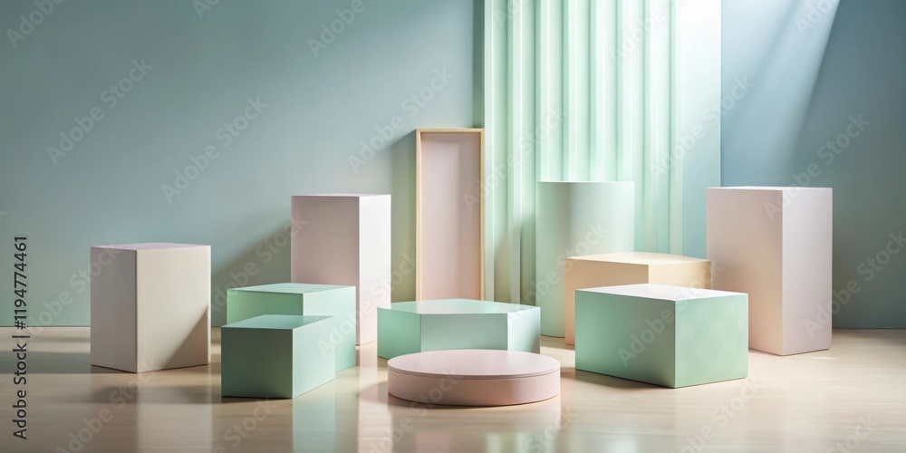 Leinwandbilder pastel-colored geometric display platforms in a minimalist studio setting