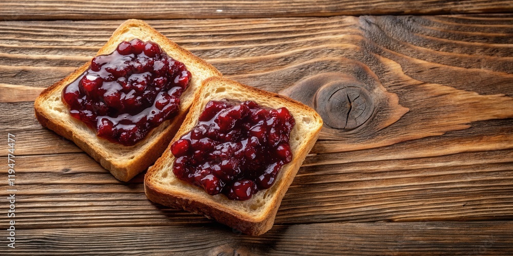 Poster two slices of toasted bread topped with homemade berry jam on a rustic wooden surface
