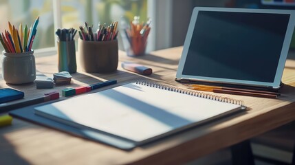 Modern creative desk with art supplies, an open sketchbook, and a tablet on a wooden surface.