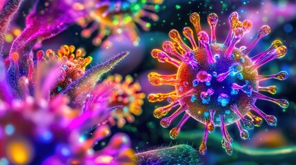 Close-up of a colorful microscopic virus. Bright hues, spikes, structure, biology, microbiology, infection, science, texture, molecular level, vibrant colors, pandemic, healthcare. Generative AI.