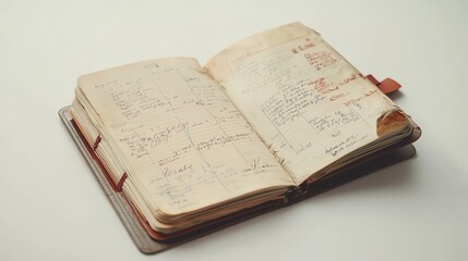 Obraz premium Old Journal With Handwritten Notes and Sketches Lying Open on a Plain Background