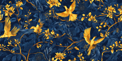 Bird Pattern Wallpaper in Blue, Gold, and Multicolored Design, Stylish and Elegant for Home or Office Decor