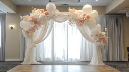 A beautifully completed DIY arch backdrop set up at an event, featuring elegant, hand-crafted decorations with a mix of flowers, fabric, and balloons, perfect for creating a unique and custom 