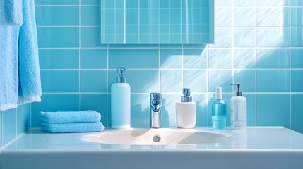 A beautifully organized and hygienic bathroom with sparkling tiles, a clean mirror, and neatly arranged personal care products, promoting a fresh and sanitized space. 