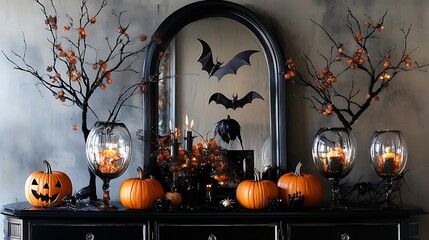 Halloween decor in black and orange with bats pumpkins and spiders
