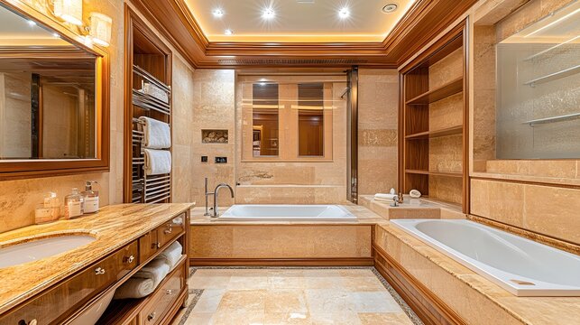 A beautifully organized and hygienic bathroom with sparkling tiles, a clean mirror, and neatly arranged personal care products, promoting a fresh and sanitized space. 