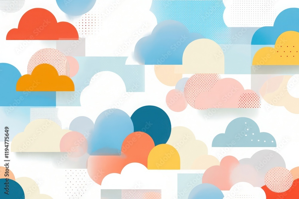 Poster whimsical cloud patterns float against a pastel sky dreamy atmosphere soft shapes digital art abstra