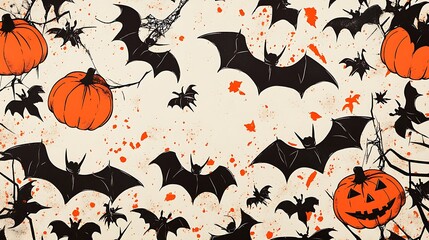 Fototapeta premium Halloween inspired design with black and orange bats pumpkins and spiders