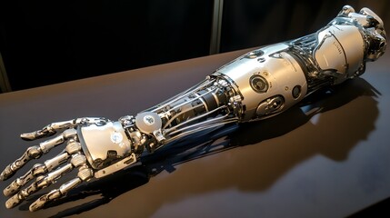 Naklejka premium A detailed view of a high-tech prosthetic leg with sensors attached, showing the integration of real-time sensory feedback that allows the wearer to interact with their environment. 