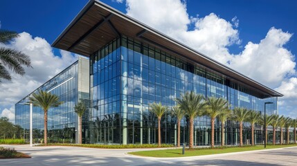 Obraz premium Modern office building with glass facade reflecting the blue sky and white clouds. Sleek architecture, clean lines, and plenty of negative space for overlays.