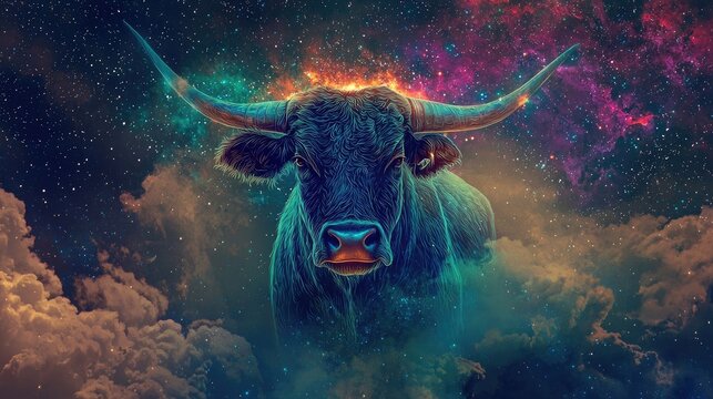 Majestic bull in a cosmic setting with glowing stars and constellations. Zodiac theme, power, nature, astronomy-inspired artwork, strength, and astrological symbolism. Generative AI.