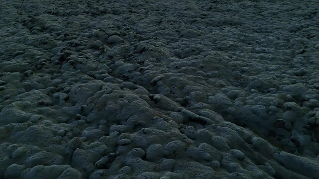A close-up of moss-covered volcanic rocks in Iceland, showing the unique, uneven terrain with blueish moss and rocky patches, highlighting Iceland&rsquo;s rugged, untouched natural beauty.