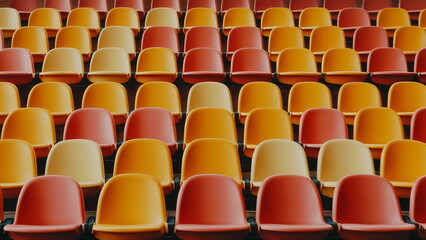 Fototapeta premium Different shade of orange colour audience new plastic seat in an indoor stadium, many rows, full picture of seats