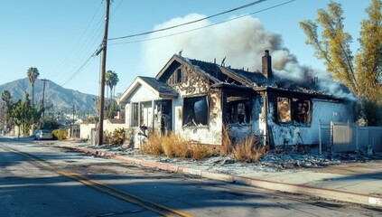 Fototapeta premium The remains of a house smolder in Las Vegas, California as thick smoke billows into the sky. The destruction left behind highlights the devastation caused by the recent fire