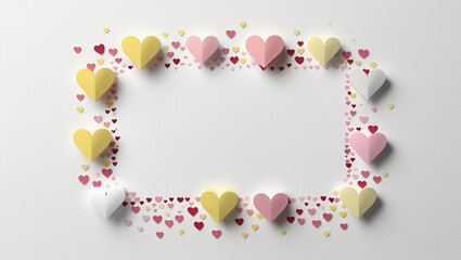 Valentine card design with a clean white background and pastel hearts in yellow, pink, and white forming a confetti border. Minimalist and elegant, ideal for romantic themes or invitations.
