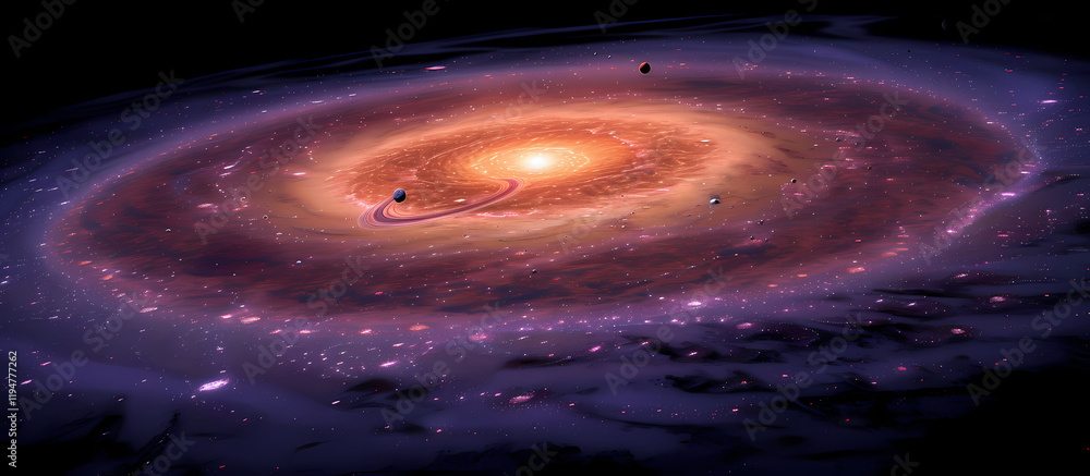Poster stunning view of a spiraling galaxy illuminated by a bright core and surrounded by celestial bodies.