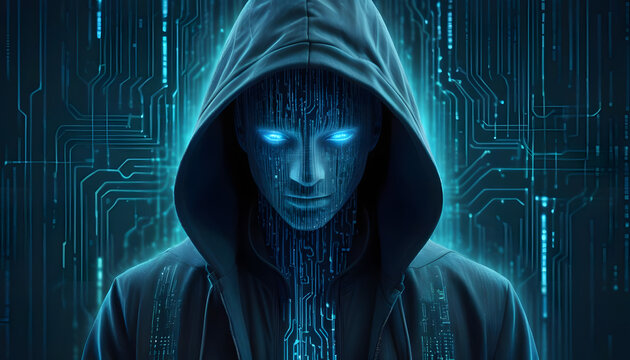 Dark Anonymous Computer Hacker Figure Against Blue Digital Data Stream Background