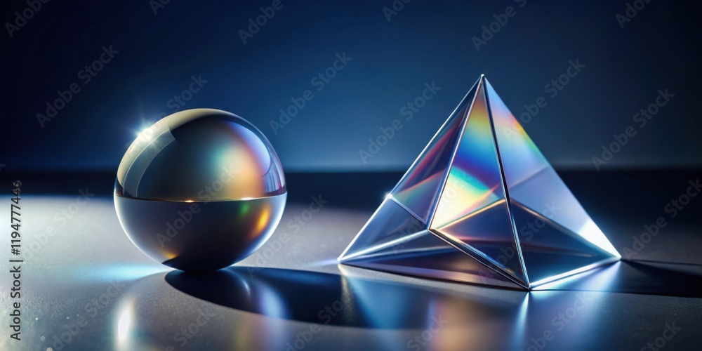 Poster Reflective Sphere and Iridescent Pyramid on Dark Surface, Illuminated by Subtle Light Source