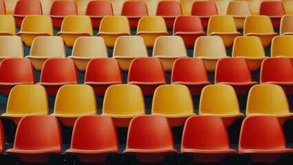 Obraz premium Different shade of orange colour audience new plastic seat in an indoor stadium, many rows, full picture of seats