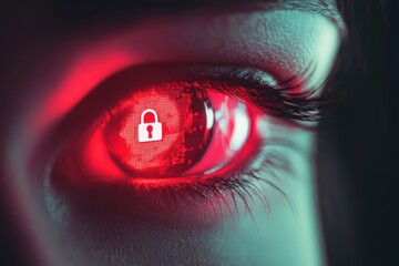 A digital human eye appears on the virtual screen and the lock icon in it alarms in red. Cyber security concept.
