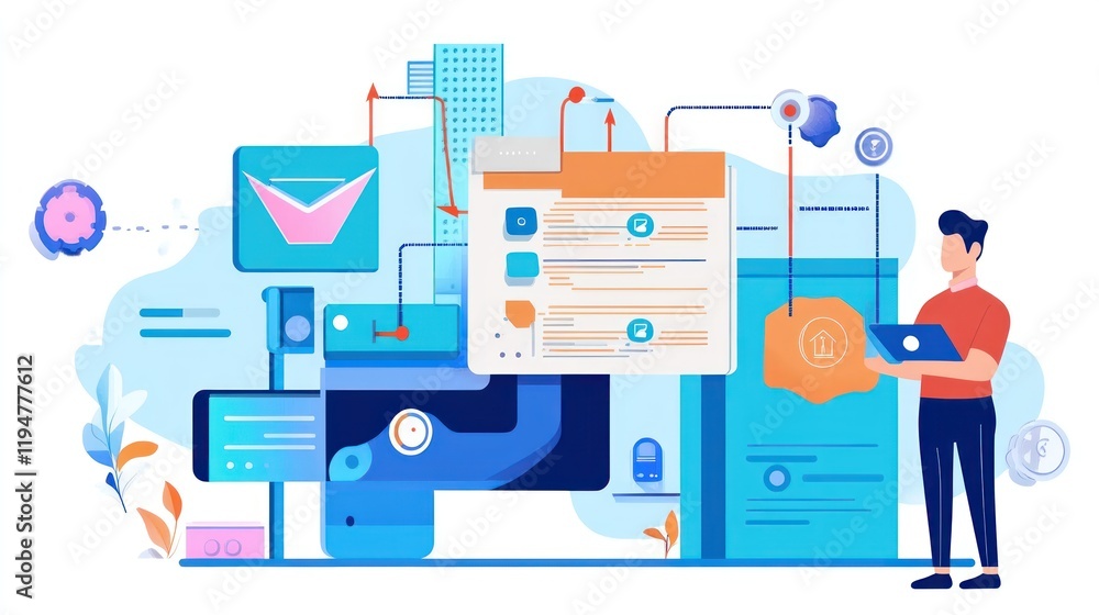 Poster man working with digital interface