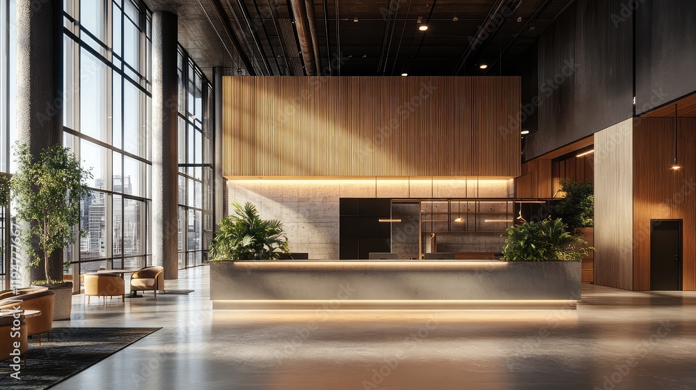 Poster modern workspace design with a clean desk, minimal decor, and vibrant greenery adding a touch of fre