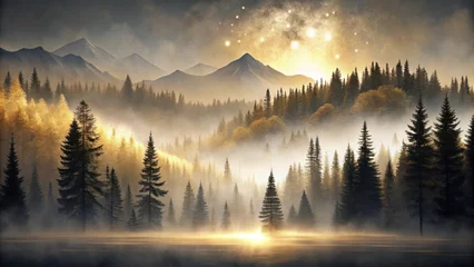 Golden Sunrise Illuminates Misty Mountain Forest, Silhouetting Majestic Evergreens Against a Celestial Dawn